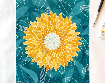 Zinna Print - Yellow & Blue, Gouache Flower Painting, multiple sizes