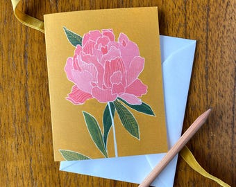 Note Card - Peony, single folded stationery card, Pink