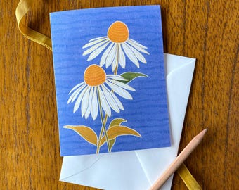 Note Card - Coneflowers, single folded stationery card, Blue