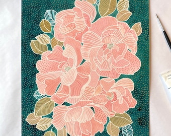 Rose Print - Pink & Green, Gouache Flower Painting, multiple sizes