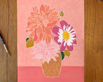 Dahlia Vase Print - Pink & Orange, Gouache Flowers, multiple sizes