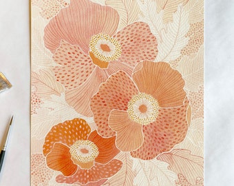 Iceland Poppy Print - Coral & Peach, Gouache Flower, multiple sizes