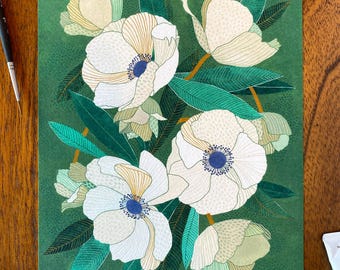 Anemone Print - Green and White, Gouache flowers, multiple sizes