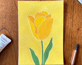 Tulip II Original Painting - Yellow, Gouache Flowers on Paper, 5"x7"