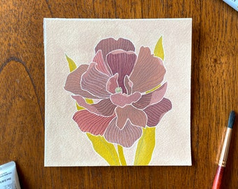 Tulip I Original Painting - Mauve & Beige, Gouache Flower on Paper, 6"x6"