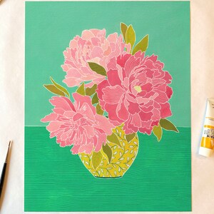 Peony Vase Print Pink & Green, Gouache Flower, multiple sizes image 1