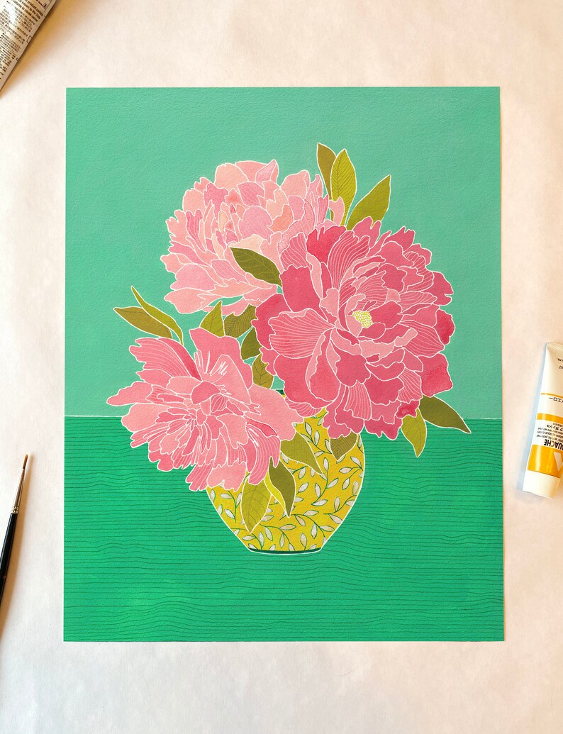 Peony Vase Print Pink & Green, Gouache Flower, multiple sizes image 1