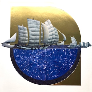 La flotte sur une carte des étoiles visibles - collage handcut avec du papier d’or
