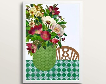 Green Still Life on Checkered Cloth - One of a Kind handcut collage