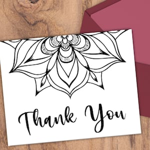 Dankeschön Karte druckbar, Mandala Dankeskarte, digitaler Download PDF, Boho Danke Postkarte, schwarz und weiß, Instant Download