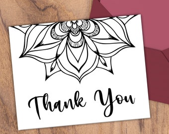 Thank You Notecard Printable, Mandala Thank You Card, Digital Download PDF, Boho Thank You Postcard, Black and White, Instant Download