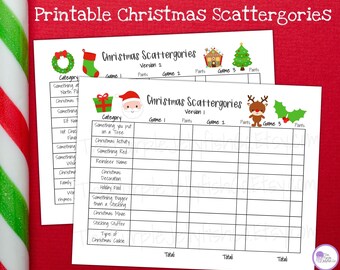 May include: Printable Christmas Scattergories game sheet with two versions. The sheet has a grid with categories like "Something you put on a tree", "Christmas Activity", "Something Red", "Reindeer Name", "Christmas Decoration", "Holiday Food", "Something Bigger than a Stocking", "Christmas Movie", "Stocking Stuffer", and "Type of Christmas Cookie".