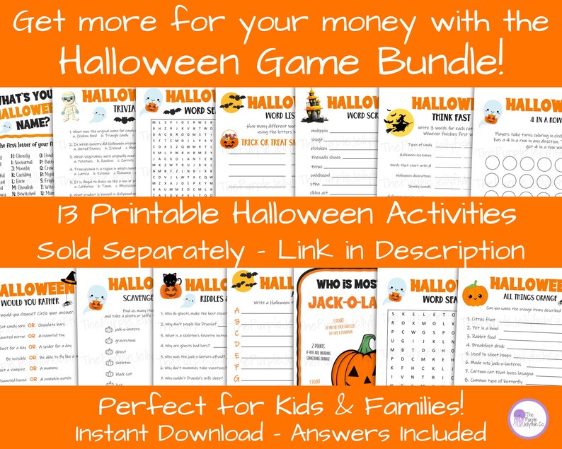 Get more for your money with the halloween game bundle! 13 printable halloween activities sold separately, link in description. perfect for kids and families. instant download with answers. halloween name game, halloween word search puzzle + more!