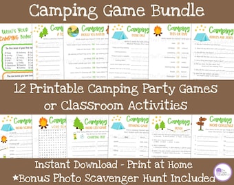 May include: A printable camping game bundle with 12 different games, including word searches, word scrambles, trivia, and riddles. The games are designed for a camping party or classroom activity. The bundle also includes a bonus photo scavenger hunt.