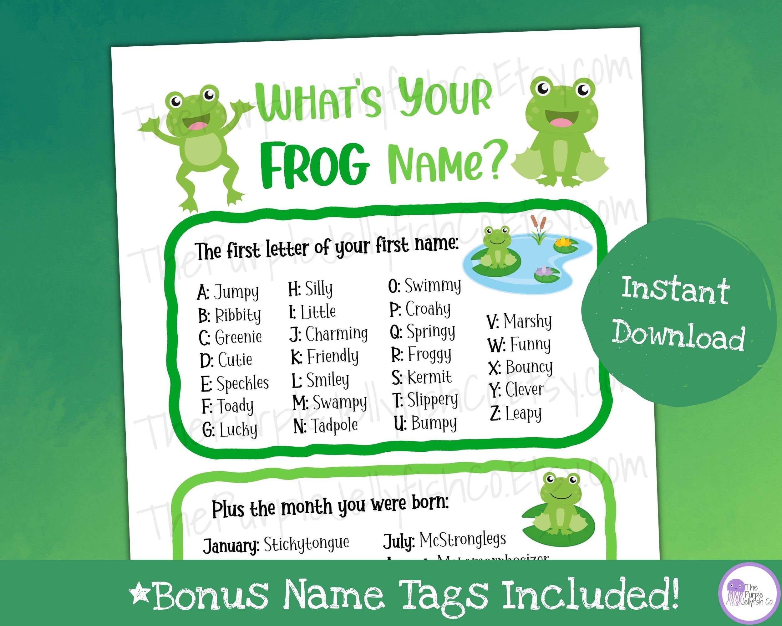 What's Your Frog Name, Frog Game for Kids Printable, Frog Name Generator, Frog Name Game, Frog