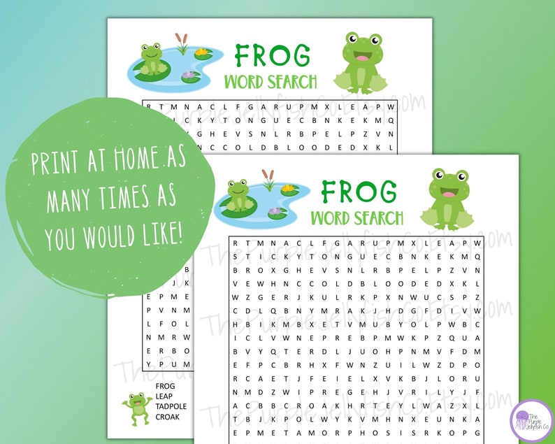 Frog Word Search Printable, Frog Activity for Kids, Word Game, Spring