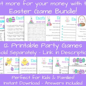 Get more for your money with the Easter Game Bundle! 12 printable party games sold separately, link in description. perfect for kids and families. digital download with answers. games include: easter scattergories, easter jokes, easter word search puzzle, whats your easter bunny name, easter trivia, think fast game and more!