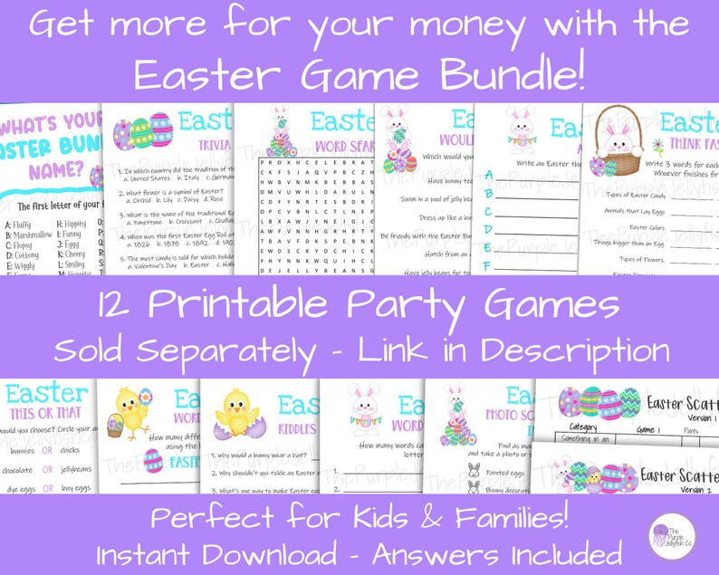 Get more for your money with the Easter Game Bundle! 12 printable party games sold separately, link in description. perfect for kids and families. digital download with answers. games include: easter scattergories, easter jokes, easter word search puzzle, whats your easter bunny name, easter trivia, think fast game and more!