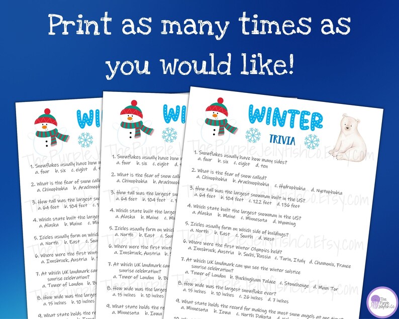 Winter Trivia Game Winter Activity for Kids and Adults Etsy