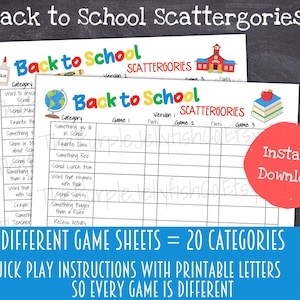 Zurück in der Schule Scattergories Spiel zum ausdrucken Kinder Erster Schultag Aktivität, Back to School Party Idee, Anfang des JahresLehrerresultat