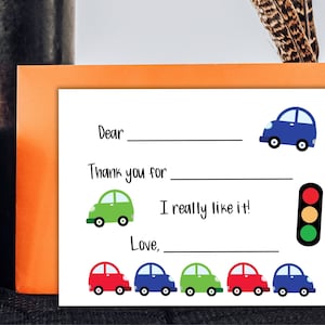 印刷可能な子供向けの車のサンキューカード、空欄を埋めるポストカード、デジタルダウンロードPDF、子供からの誕生日の感謝、ノートカード、インスタント
