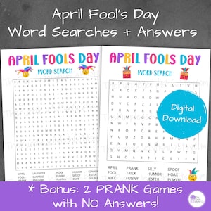 以下が含まれることがあります： 答え付きの4月1日のおバカな日用の単語検索パズル2つ。各パズルには、カラフルな帽子をかぶった道化師と、1と書かれた箱が描かれています。パズルは、紫色の枠で囲まれた白い背景に描かれています。