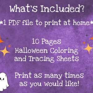whats included? 1 PDF file to print at home. 10 pages of halloween coloring and tracing sheets. print as many times as you would like! halloween fun for toddlers, preschool, and kindergarten!