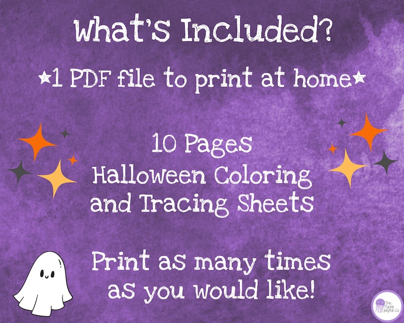 whats included? 1 PDF file to print at home. 10 pages of halloween coloring and tracing sheets. print as many times as you would like! halloween fun for toddlers, preschool, and kindergarten!