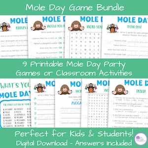 Op de afbeelding: Een bundel van negen afdrukbare Mole Day feestspellen en klasactiviteiten. De spellen omvatten raadsels, woordzoekers, trivia en meer. De bundel is ontworpen voor kinderen en studenten en bevat antwoorden.