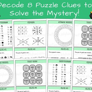 decode 8 puzzle clues to solve the mystery! cryptogram, cipher, atbash wheel and text code clues included. Fun st patricks day classroom activity to promote teamwork and problem solving skills. Great st patricks day party game for kids + adults!