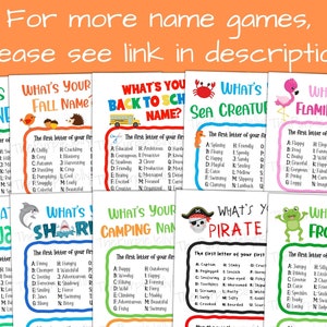 for more name games, please see link in description. whats your runner name game, fall name, back to school name, sea creature name, flamingo name, luau name, shark name, camping name, pirate name and frog name game shown.
