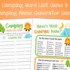 Camping word list game and camping name generator game shown.