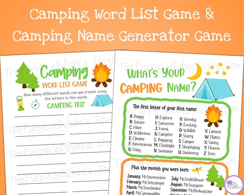 Camping word list game and camping name generator game shown.