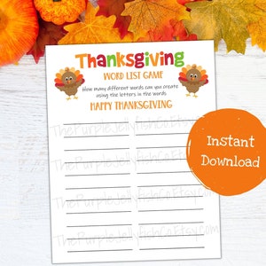 Thanksgiving Game Printable, Thanksgiving Word List Game, Thanksgiving ...