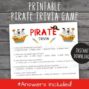 May include: Printable pirate trivia game with a cartoon pirate ship and a sword. The game includes five trivia questions with multiple choice answers. The text "INSTANT DOWNLOAD" is in the upper right corner. The text "*Answers Included!" is at the bottom of the page.