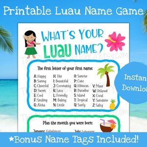 What's Your Luau Name Game, Hawaiian Party Decor, Tropical Game for Kids, Luau Printable, Aloha Party Decoration, Luau Sign and Name Tags