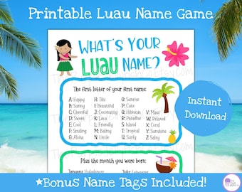 What&#39;s Your Luau Name Game + Tags, Hawaiian Party Decoration, Tropical Game for Kids, Luau Party Printable Activity, Aloha Party Idea, Tiki