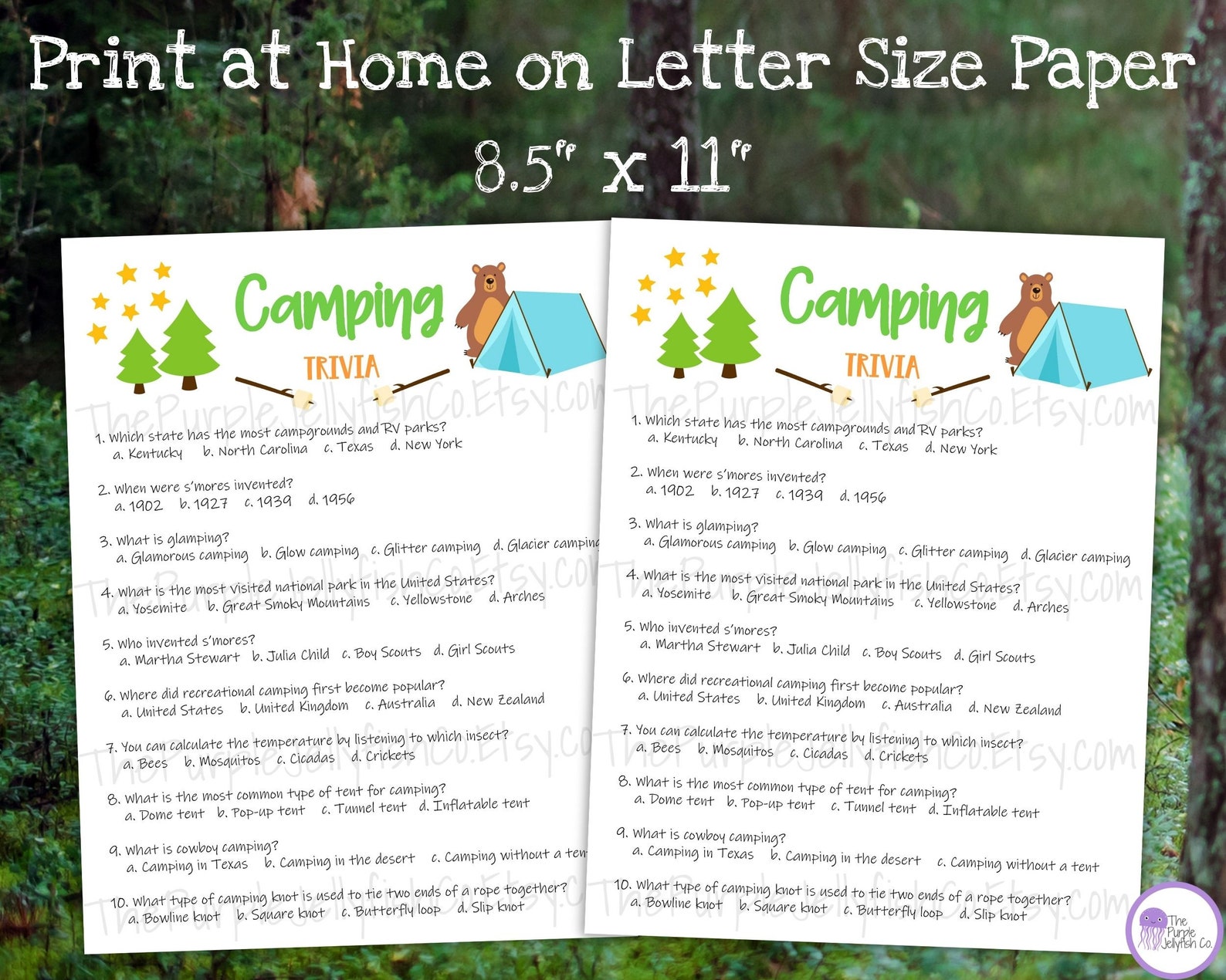 Camping Trivia Game, Camping Game Printable, Trivia Questions, Camping