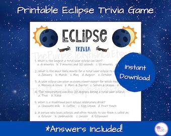 Eclipse Trivia Game for Kids & Adults, Printable Trivia Questions and Answers, Eclipse Party Idea, Eclipse 2024 Classroom Activity, April 8
