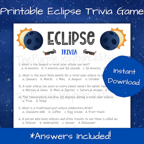 Eclipse Trivia Game for Kids & Adults, Printable Trivia Questions and Answers, Eclipse Party Idea, Eclipse 2024 Classroom Activity, April 8