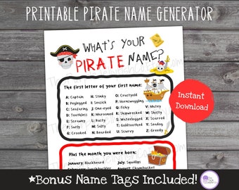 Whats Your Pirate Name Game, Talk Like a Pirate Day Idea, Pirate Party Printable Name Generator, Pirate Activity for Kids, Pirate Decoration