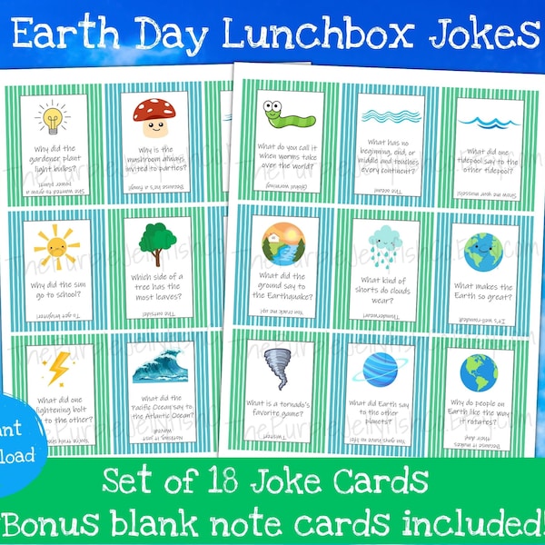 Earth Day Lunchbox Notes for Kids, Printable Lunch box Jokes, Lunch Box Notes for Kids, Lunch Note Cards, Joke Cards for Kids, Spring Jokes