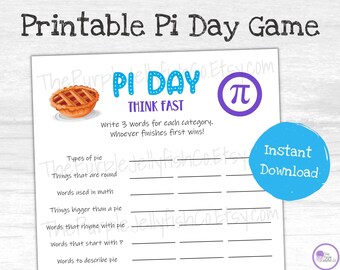Pi Day Think Fast Game for Kids, Pi Day Activity Printable, Pi Day Party Idea, Classroom Game, Pie Game for Teens & Adults, Pi Day Worksheet