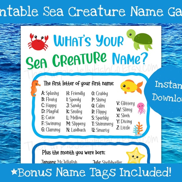 Under the Sea Name Game, Ocean Theme Party Decor, Under the Sea Party Game Printable, Ocean Activity, Whats Your Name Game Ocean Animal Name