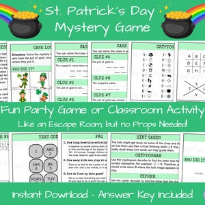 St Patricks day mystery game for kids! fun party game or classroom activity. Similar to an escape room, but no props needed. Instant download with answer key. Decode puzzle clues to solve the crime! Fun St patricks activity for kids!