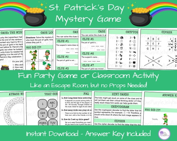 St. Patrick's Day Mystery Game for Kids, Printable Escape Room for Kids, St Patricks Activity, Detective Game, St Patricks Class Party Idea