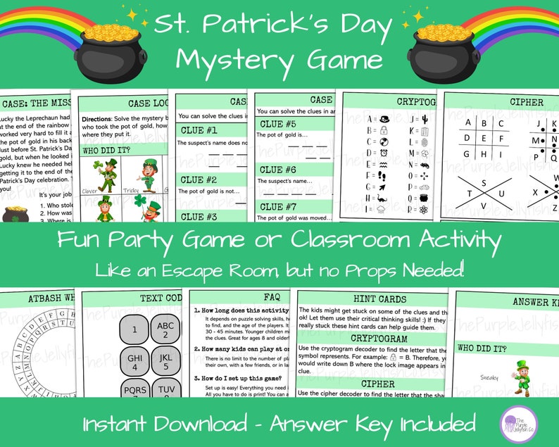 St Patricks day mystery game for kids! fun party game or classroom activity. Similar to an escape room, but no props needed. Instant download with answer key. Decode puzzle clues to solve the crime! Fun St patricks activity for kids!
