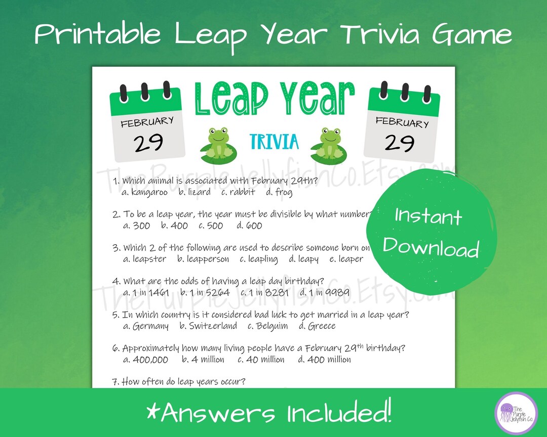 Leap Year Trivia Game Printable, Leap Day Birthday Party Idea, Game for