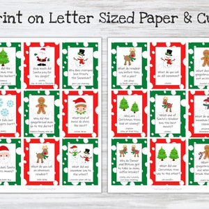 Print on letter size paper or card stock and cut. Two full pages of Christmas joke cards shown.
