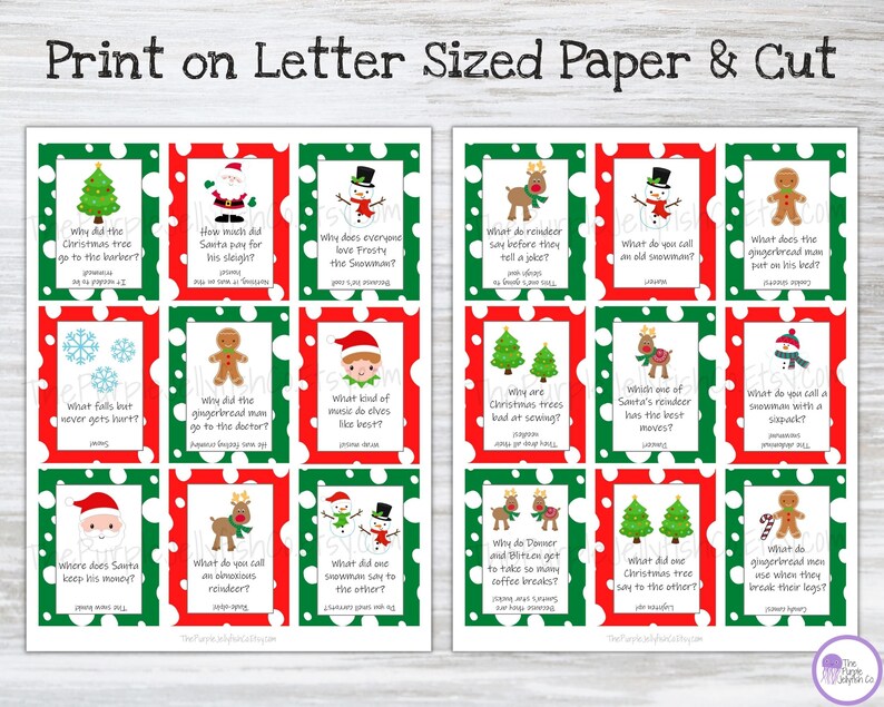 Print on letter size paper or card stock and cut. Two full pages of Christmas joke cards shown.